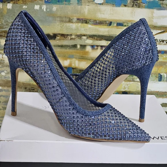 Nine West Freshe Denim Rhinestone Mesh Stiletto Pumps New Size 10 - Picture 3 of 16
